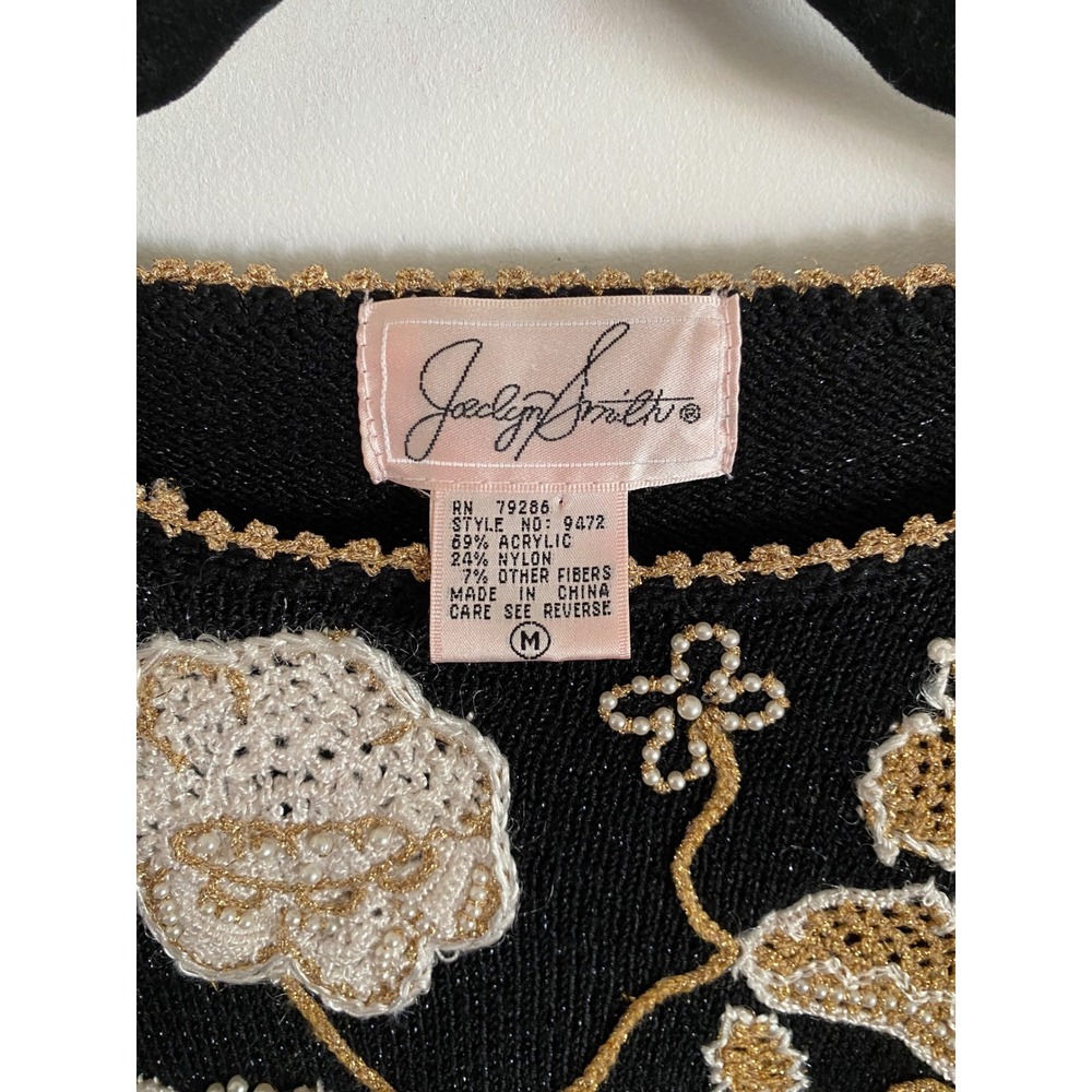 Jaclyn Smith Vintage Black Gold Crochet Floral Pearl Beaded Knit Sweater M 9472 - Picture 3 of 6